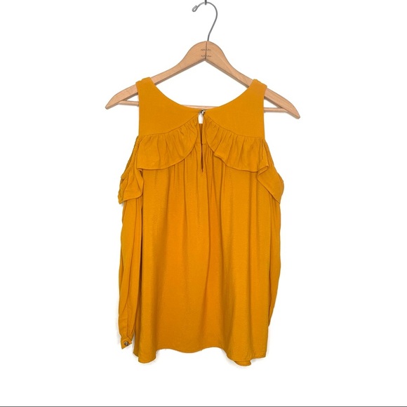 Anthro | Maeve Mustard Ruffle Cold Shoulder Top - Picture 3 of 9